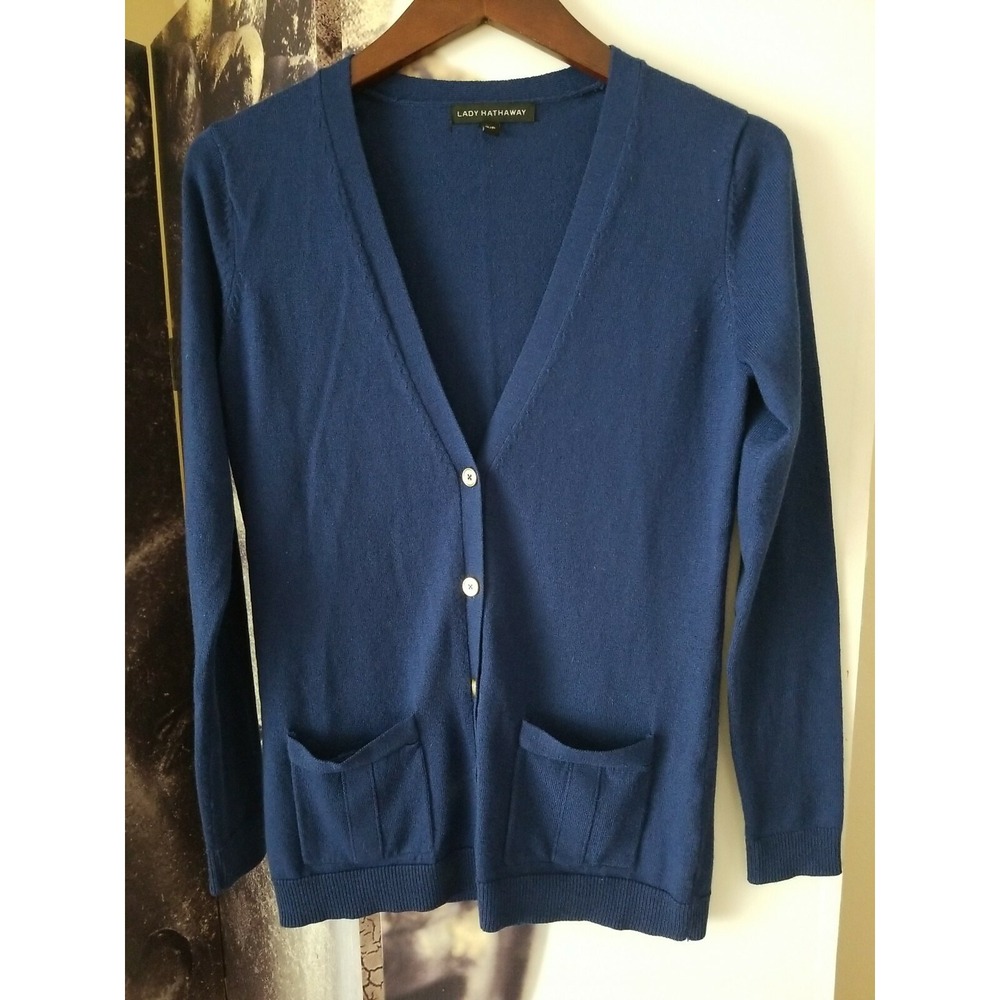 LADY HATHAWAY Women'sโ V Neck Button Down Wool Blend Cardigan Sweater sz S BLUE